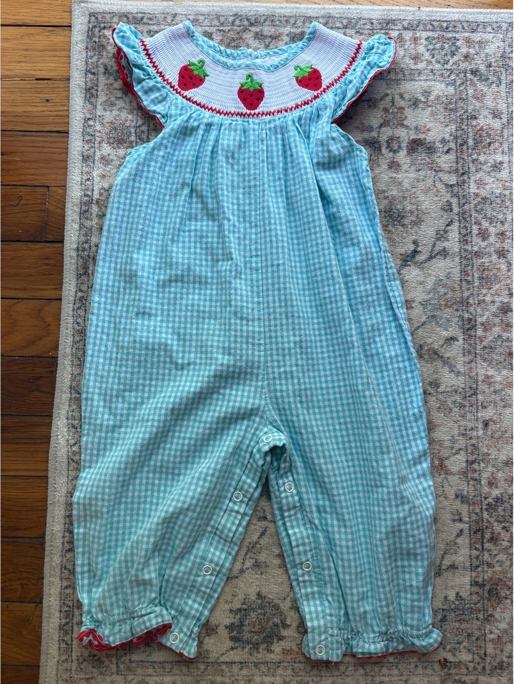 Lil Cactus Smocked Strawberry Blue Gingham Baby Jumpsuit 18/24M
